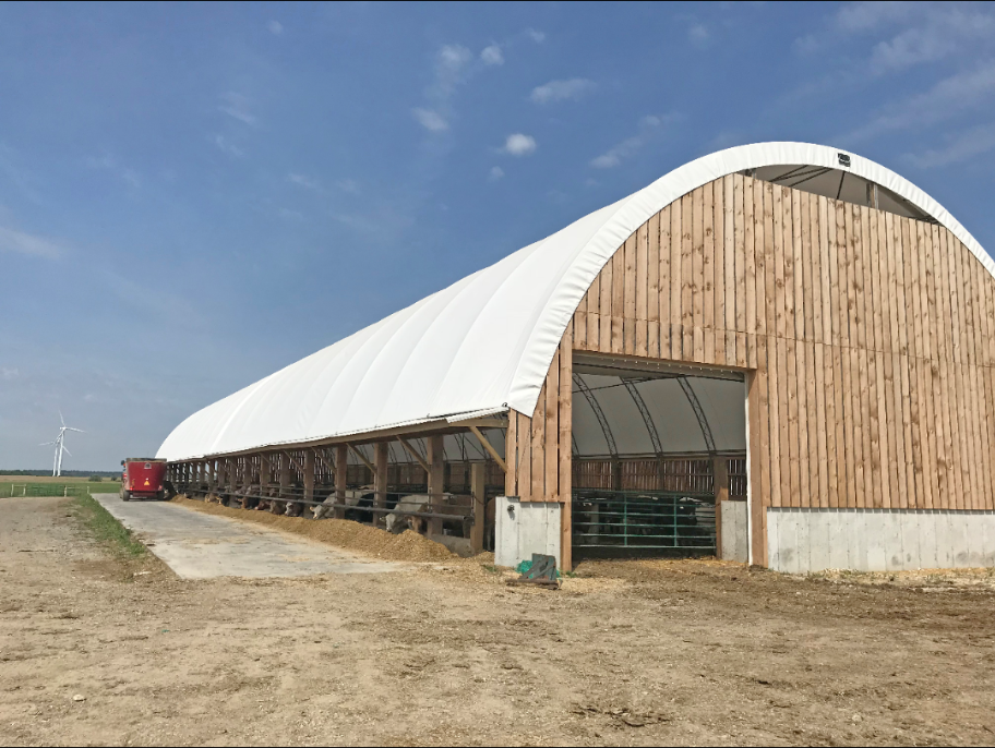 GGS fabric-covered structure in rural Eastern Ontario at golden hour